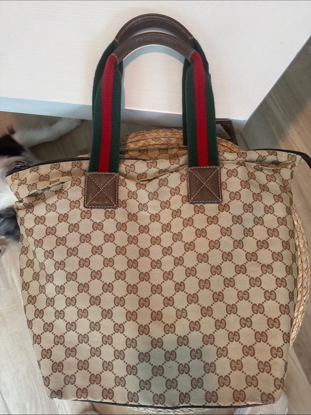 Gucci Beige Monogram Canvas Tote with Red and Green Straps automatic